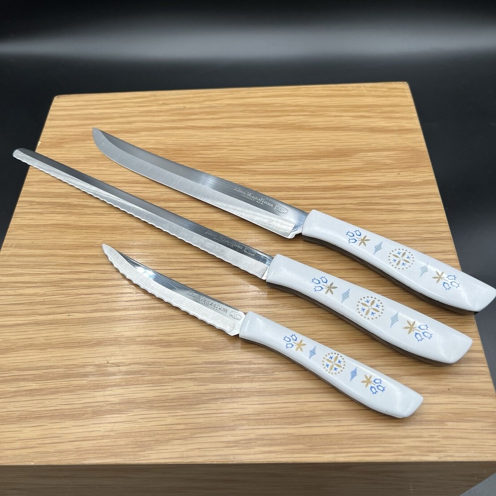 Vtg Lot of 3 Ekco Vanadium Knives Blue Dutch Tulip Carousel Stainless MCM USA